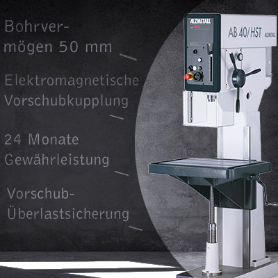 Weitere Highlights der AB 40/HST: 50mm Bohrvermögen, Elektromagnetische Vorschubkupplung, 24 Monate Gewährleistung, Vorschub-Überlastsicherung
