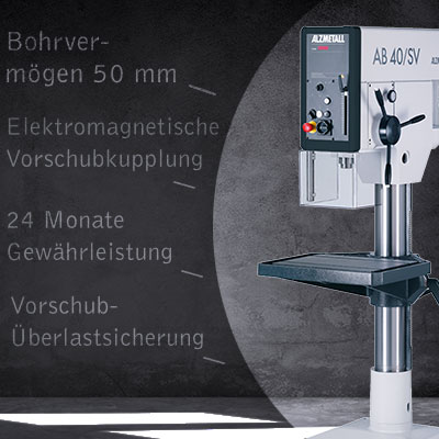 Weitere Highlights der AB 40/SV: 50mm Bohrvermögen, Elektromagnetische Vorschubkupplung, 24 Monate Gewährleistung, Vorschub-Überlastsicherung